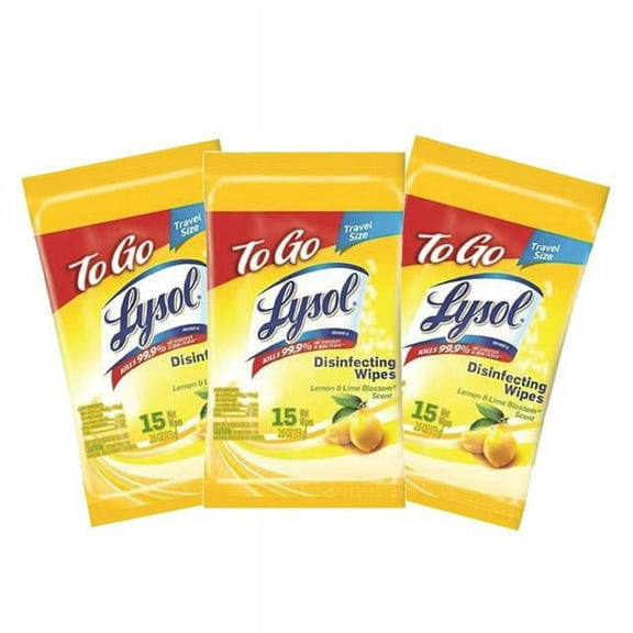3 Pack Lysol Disinfecting Wipes to-Go Pack, Lemon Scent 15 in each pack, 45 count