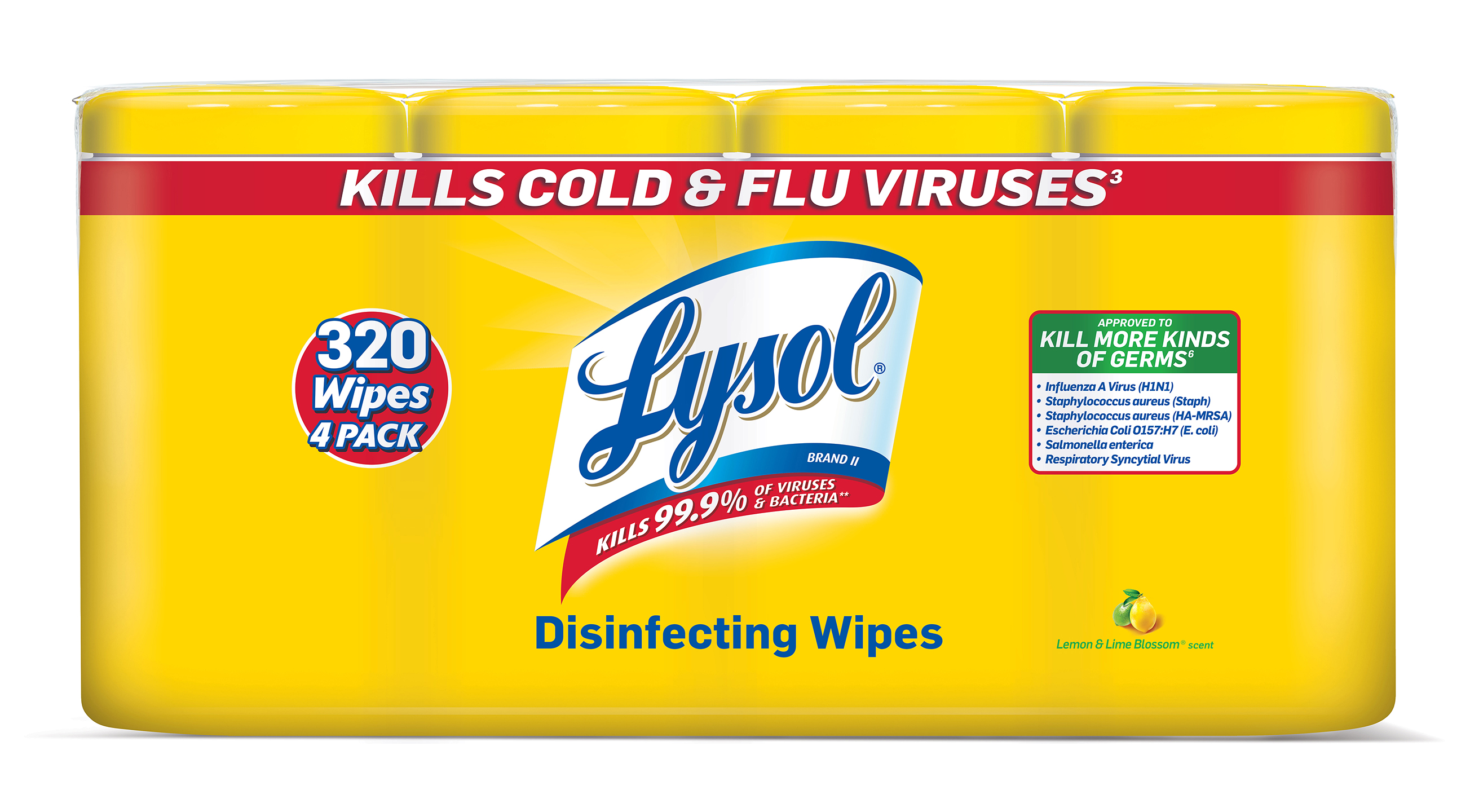 Lysol Disinfecting Wipes, Lemon & Lime Blossom, 320ct (4x80ct), Tested & Proven to Kill COVID-19 Virus, Packaging May Vary - image 1 of 6