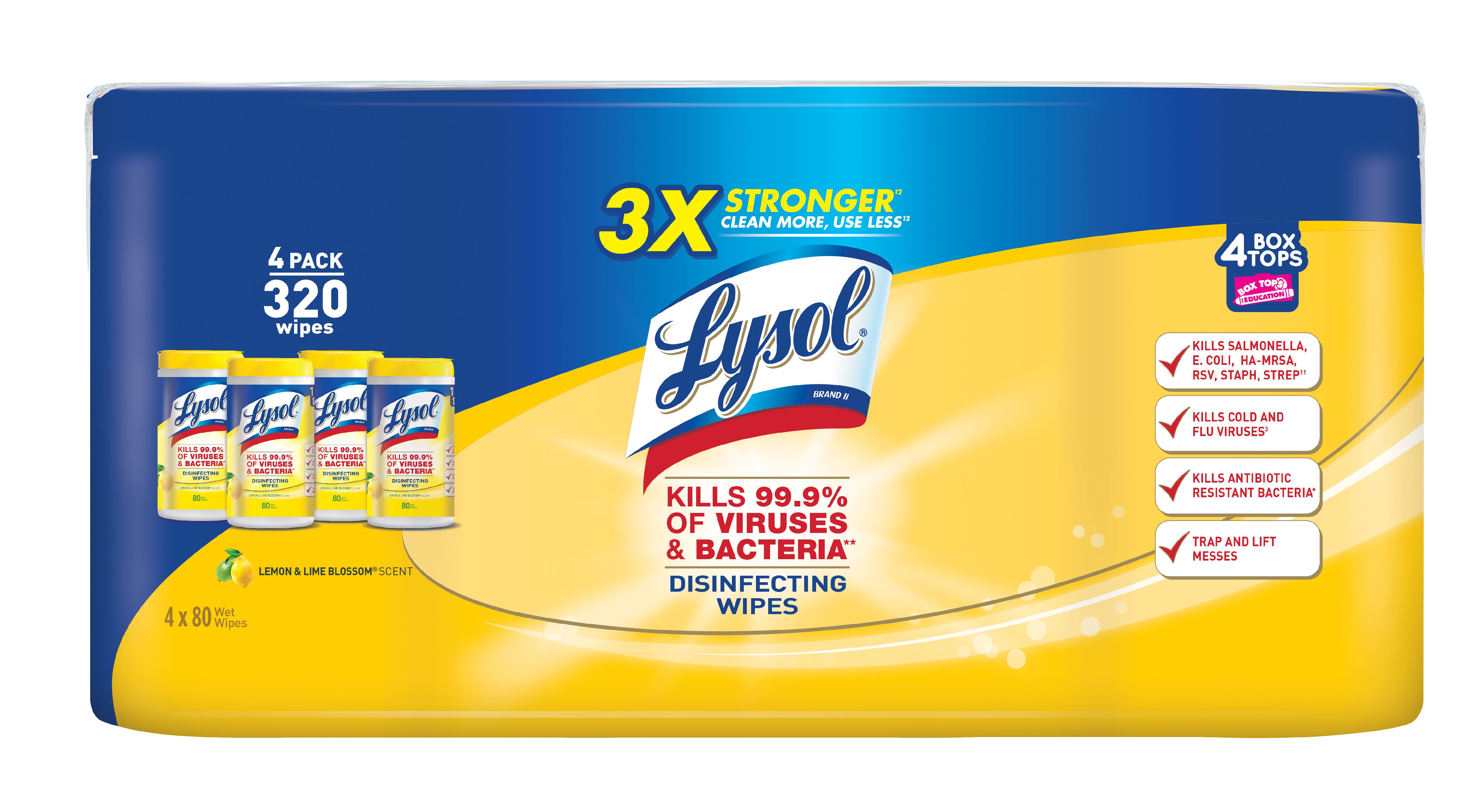 Lysol Disinfecting Wipes, Lemon & Lime Blossom, 320ct (4x80ct), Tested & Proven to Kill COVID-19 Virus, Packaging May Vary - image 1 of 9