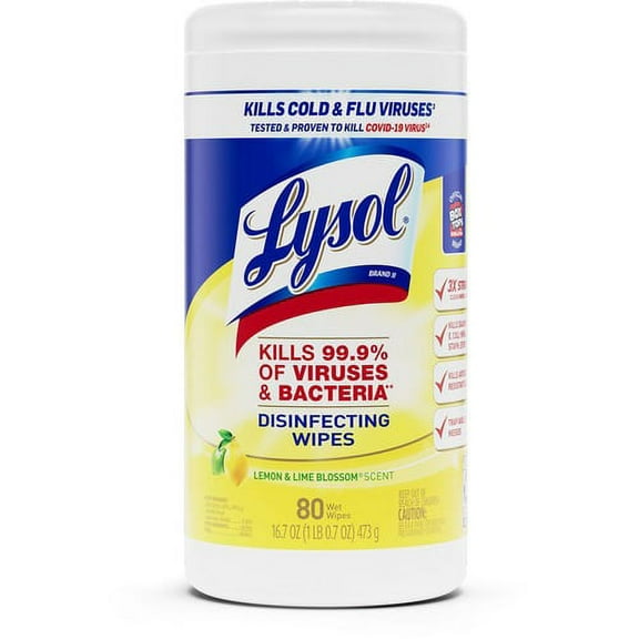 Lysol Disinfecting Wipes - Ready-To-Use Wipe - Lemon, Lime Blossom Scent - 7.25" Width x 7" Length - 80 / Tub - 1 Each - White | Bundle of 10 Each
