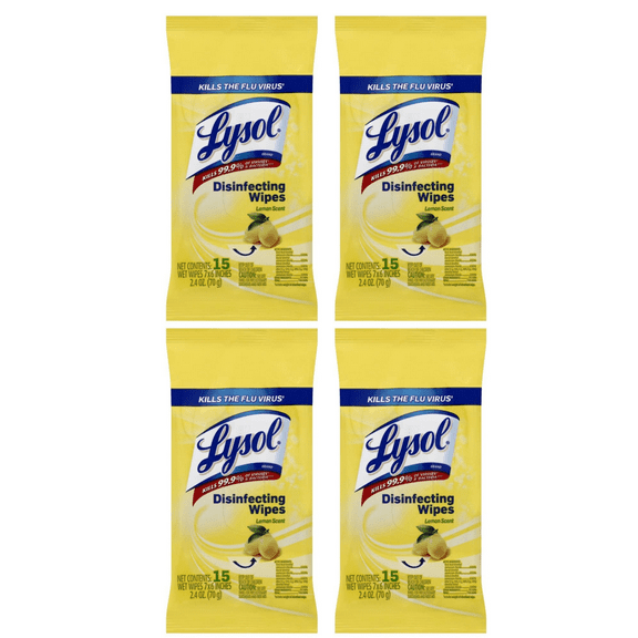 Lysol Disinfecting Wipes To-Go Pack, Lemon Scent, 15 CT (4 Pack)