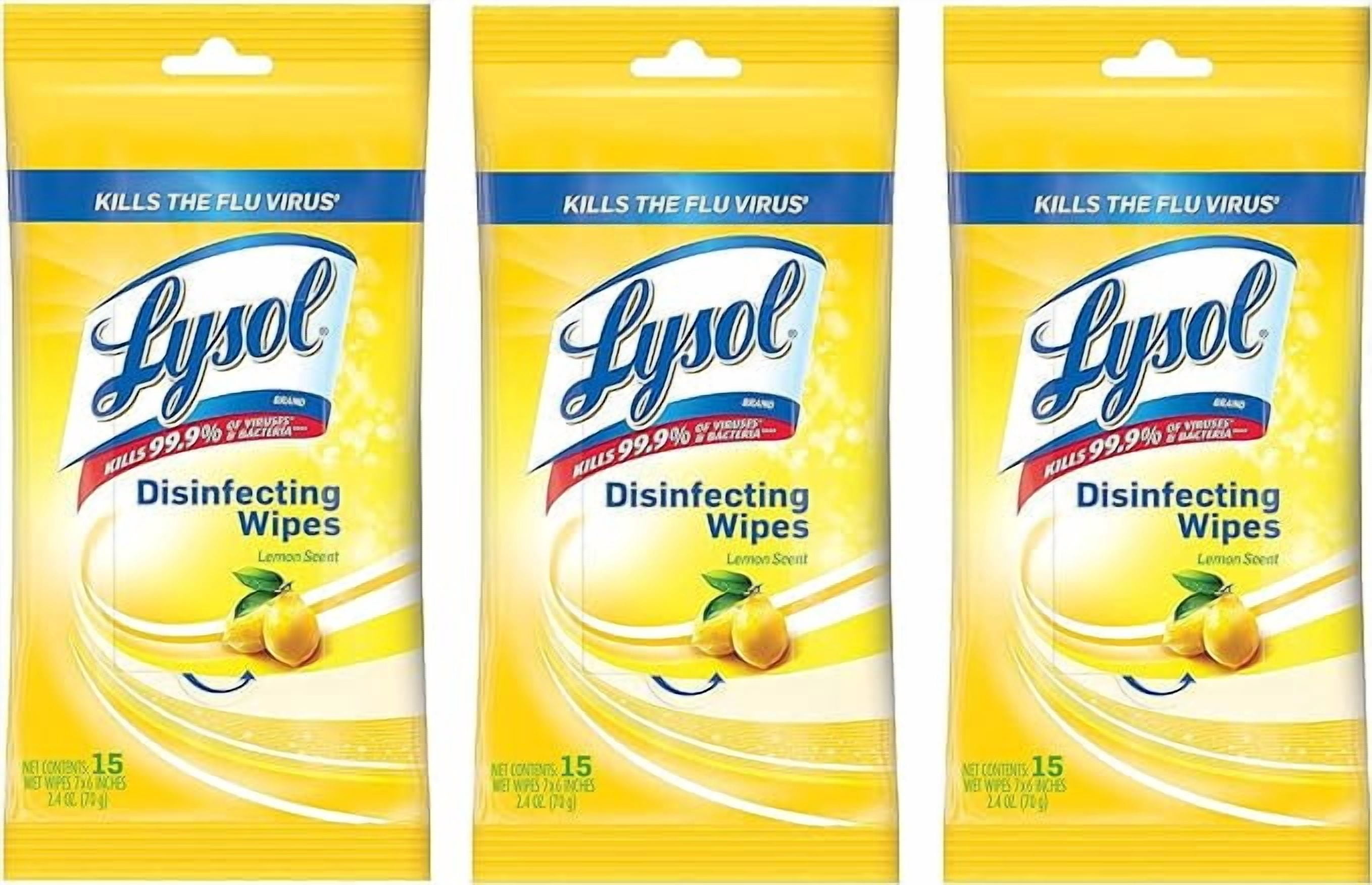 Lysol Disinfecting Wipes To-Go Pack, Lemon Scent, 15 Count (Pack of 3) (New Pack)