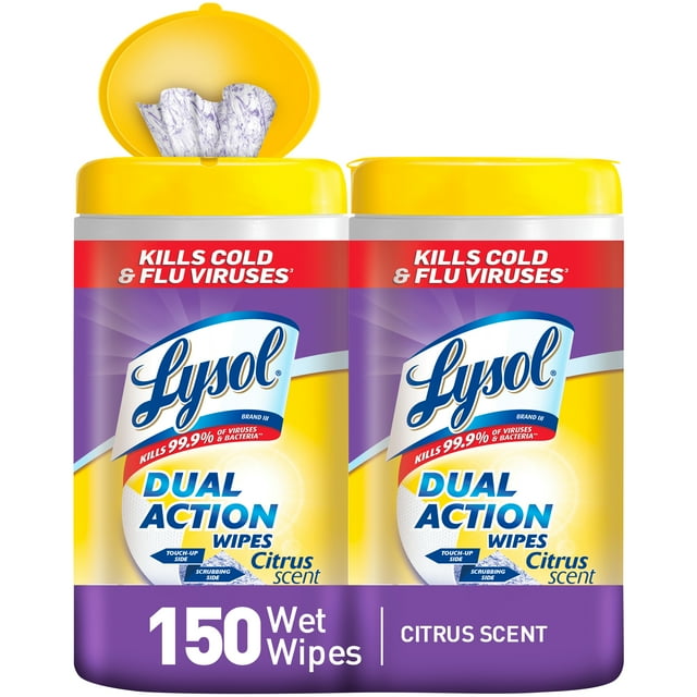 Lysol Dual Action Disinfecting Wipes, Citrus 150ct (2X80ct), Tested