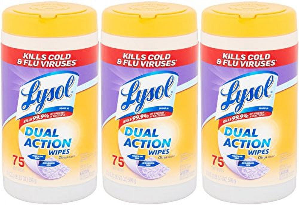Lysol Dual Action Disinfecting Wipes, Citrus, 75 Count (Pack of 3)