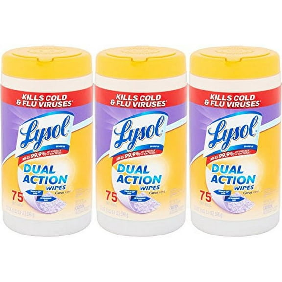 Lysol Dual Action Disinfecting Wipes, Citrus, 75 Count (Pack of 3)
