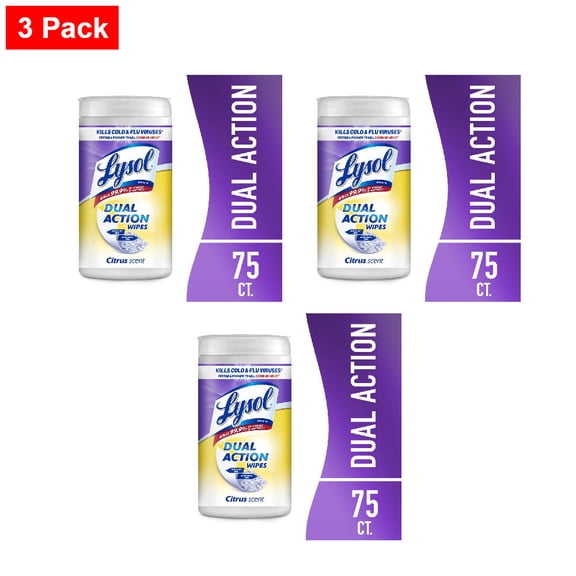 Lysol Dual Action Disinfecting Wipes Citrus 75 ct - 3 Pack