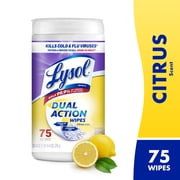 Lysol Dual Action Disinfectant Wipes, Multi-Surface Antibacterial Scrubbing Wipes, For Disinfecting and Cleaning, Citrus Scent, 75 Count