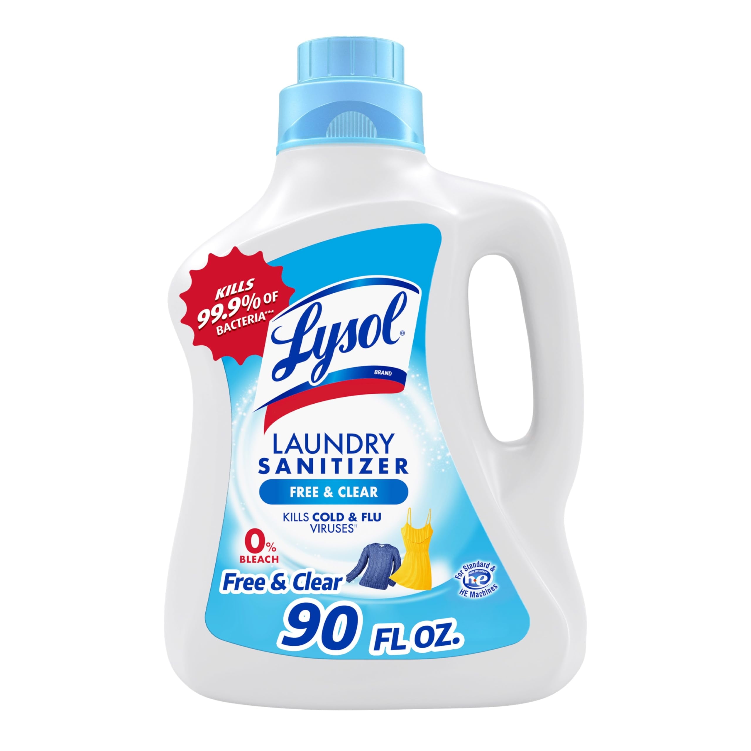 Lysol Laundry Sanitizer Additive, Free & Clear, Free from Fragrance and Dyes, 0% Bleach Laundry Sanitizer, Bacteria-causing Laundry Odor Eliminator, Unscented, 90 Fl Oz (Pack of 1) - Package May Vary