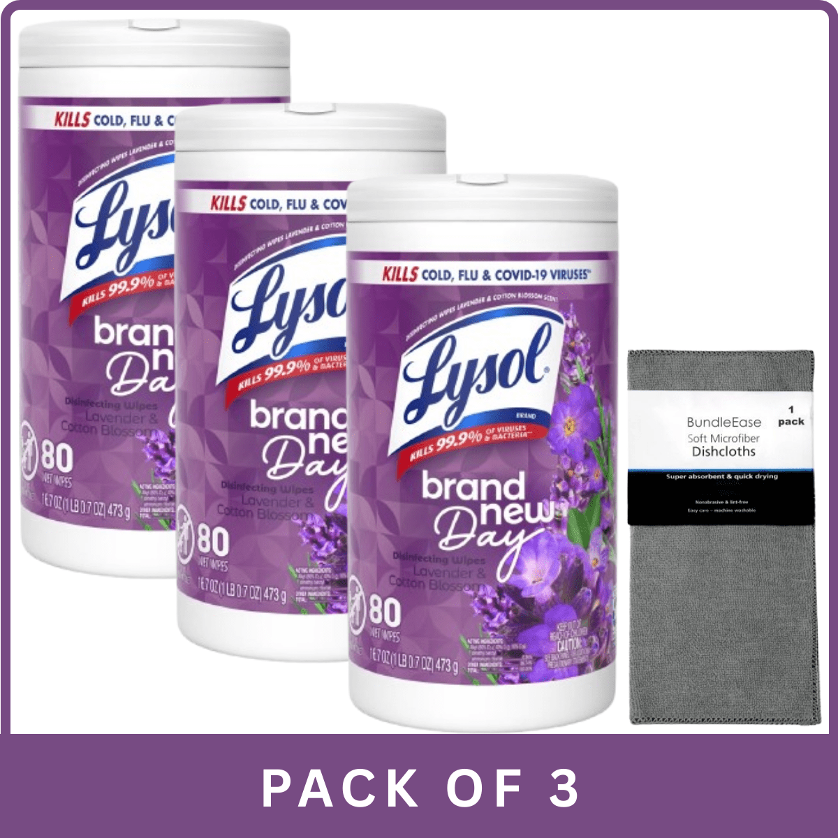 Lysol Lavender Disinfecting Wipes – 80 ct- 16.07oz-3pk, With Microfiber Solid Color Towel By BundleEase