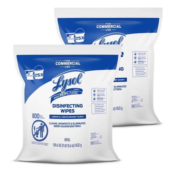 Lysol Professional Disinfecting Wipe Refills, Lemon And Lime Blossom, 6" x 8", White, 800 Sheets Per Bucket, Set Of 2 R