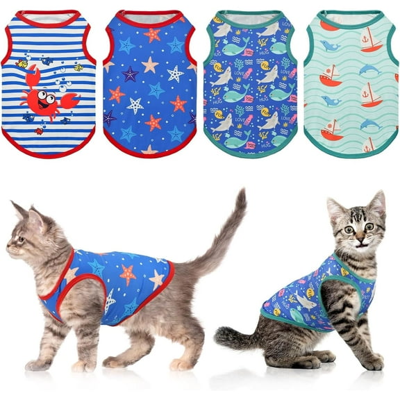 LyssKMK 4-PACK Dog Ocean Style Shirts Puppy Summer Tank Tops Cute Ocean Animals Sailboat Pattern Outfits for for Small Dogs Boy Girl Dog Cooling Clothes for Small Medium Dogs XS