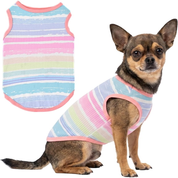 LyssKMK Dog Tank Top Summer Beach Style Breathable Mesh Polyester Puppy Vest Colorful Pastel Striped Sleeveless Pet Clothes for Small Medium Dogs Cooling Apparel (Stripe) M