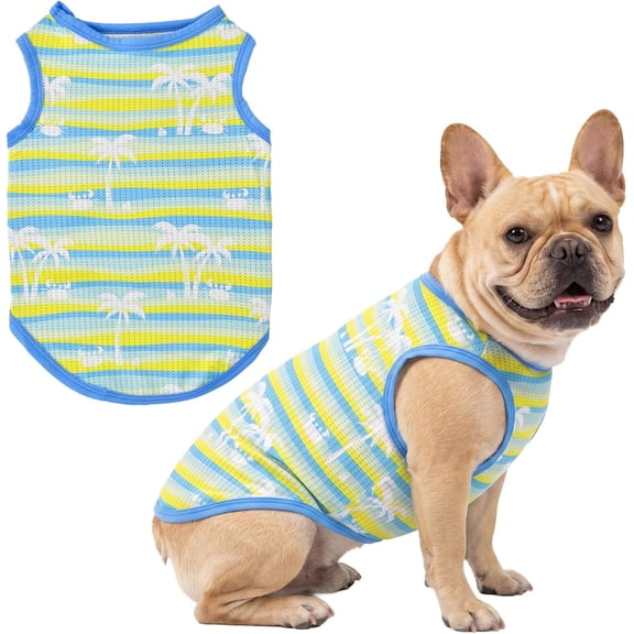 LyssKMK Dog Tank Top Summer Beach Style Breathable Mesh Polyester Puppy Vest Tropical Palm Tree Striped Pet Clothes for Small Medium Dogs Sleeveless Cooling Apparel(Coco) XL