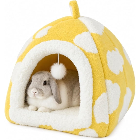 LyssKMK Guinea Pig Hideout Cave Cute Yellow Cloud Warm Fleece Bed for Small Animals Enclosed Bunny Tent Hut with Hanging Toy Washable Pet House for Dwarf Rabbit Chinchilla Ferret (Yellow)