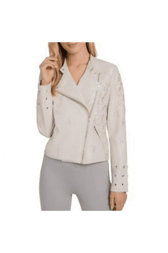 Jamie Jacket Embroidered Moto Faux Vegan Leather Coat Womens Small