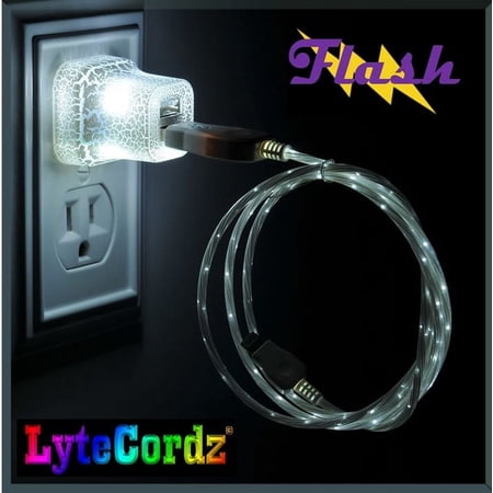 LyteCordz - LED Light Up Phone Charging Charger Cable Cord - Compatible with iPhone - Moving Spiral Lights - With Matched LED Wall Plug -Illuminated Cable (White, 3 Feet)