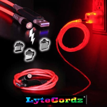 LyteCordz Light Up Magnetic Quick Connect Release LED Charging Charger Cable USB Cord with Light Up Wall Adapter Block (Universally Compatible with iPhone, Android Micro, Type C) (Red, 6 Feet)