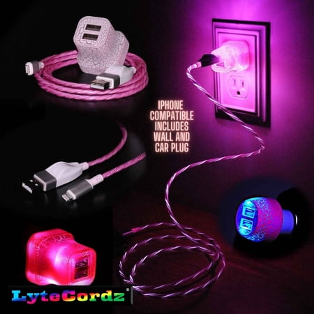 LyteCordz - Moving Glowing Spiral Lights Lighted Light Up LED Charging Cable Data Synch USB with Light Up Wall and Car Plug - Compatible with iPhone (All Models) (6 Feet, Pink)