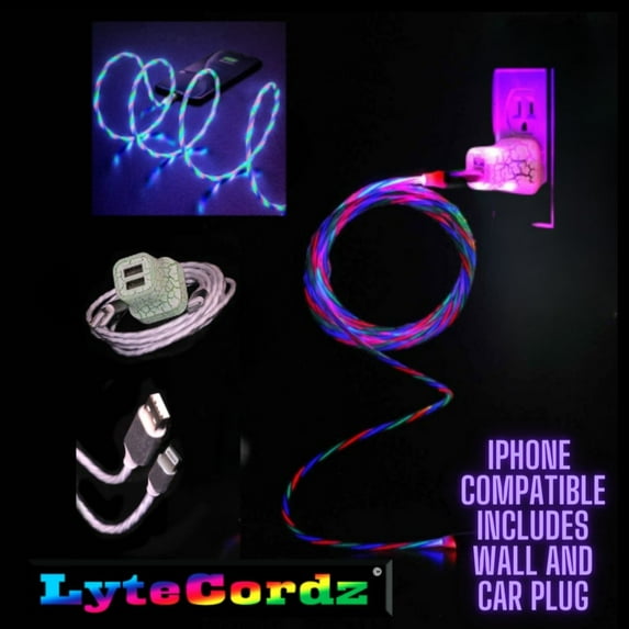 LyteCordz - Moving Glowing Spiral Lights Lighted Light Up LED Charging Cable Data Synch USB with Light Up Wall and Car Plug - Compatible with iPhone (All Models) (6 Feet, Rainbow)