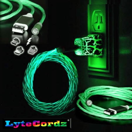 Lytecordz Light Up Magnetic LED Charging Charger Cable 6 ft Micro/Type C Wall Adapter Block, Green