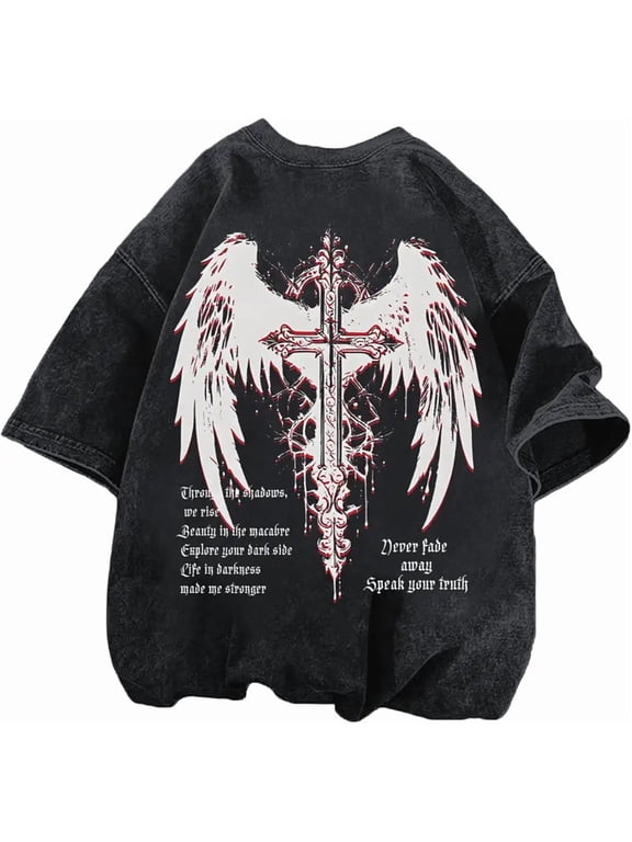 Lytiarul Vintage Goth Punk Shirts for Men Grunge Streetwear Oversized Tshirts Gothic Cross Y2k Graphic Tees Acid Wash T Shirt