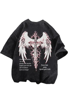 Lytiarul Vintage Goth Punk Shirts for Men Grunge Streetwear Oversized Tshirts Gothic Cross Y2k Graphic Tees Acid Wash T Shirt