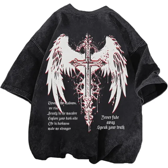 Lytiarul Vintage Goth Punk Shirts for Men Grunge Streetwear Oversized Tshirts Gothic Cross Y2k Graphic Tees Acid Wash T Shirt
