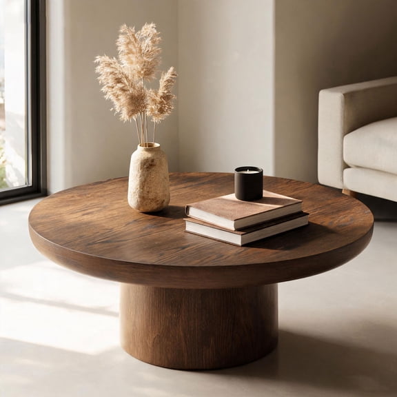 Lyuhome 36 Inch Round Coffee Table with Cylindrical Leg, Wood Veneer Tabletop Table, Sofa Side Table for Living Room Office, Brown