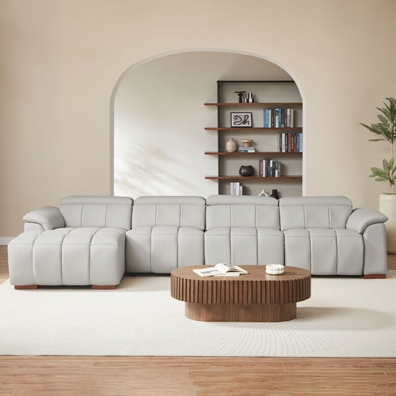 Lyuhome 4 Seats Wall-Hugger Reclining Sofa, Modern Electric Control Genuine Leather Couch with USB Port, Headrest & Footrest for Living Room,Apartment,Office, L Shaped, Light Grey, Right Chaise