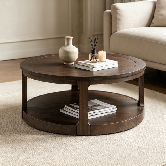 Lyuhome 40” Curved 2 Tier Round Coffee Table with Wheels, Mid Century Rustic Style Table for Living Room, Office, Apartment, Dark Brown
