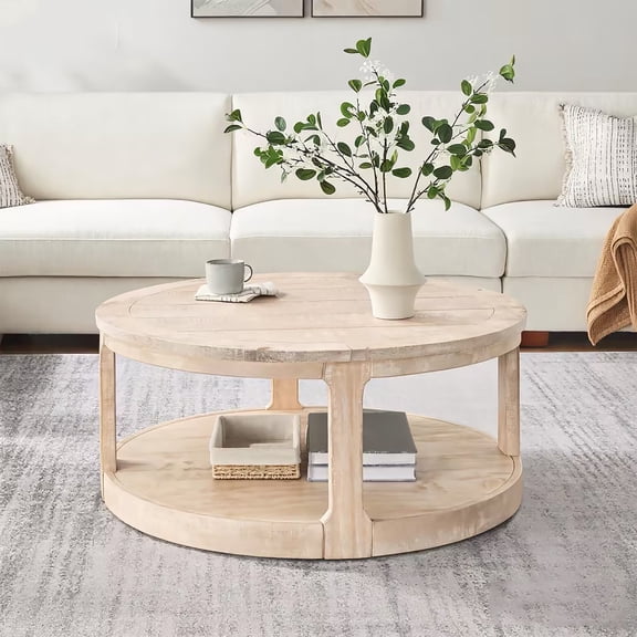 Lyuhome 40” Curved 2 Tier Round Coffee Table with Wheels, Mid Century Rustic Style Table for Living Room, Office, Apartment, Oak