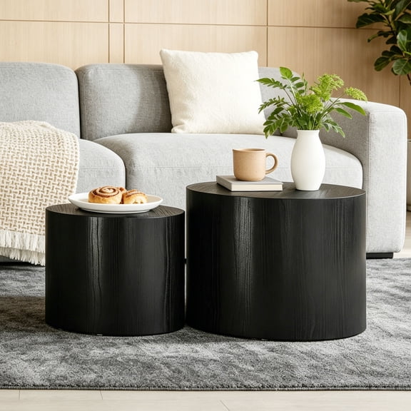 Lyuhome Coffee Table Set of 2, Round Side Table Set, Wood End Table for Living Room, Office,No Assembly,Black