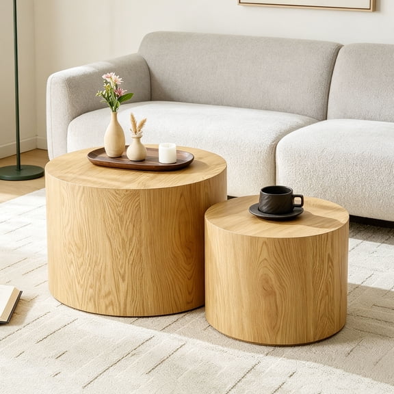 Lyuhome Coffee Table Set of 2, Round Side Table Set, Wood End Table for Living Room, Office,No Assembly,Oak