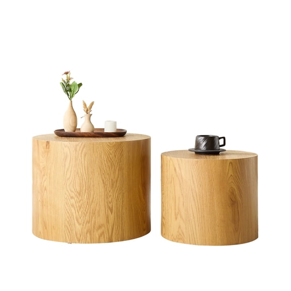 Lyuhome Coffee Table Set of 2, Round Side Table Set, Wood End Table for Living Room, Office,No Assembly,Oak