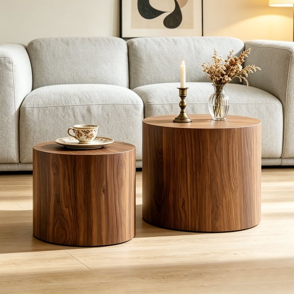 Lyuhome Coffee Table Set of 2, Round Side Table Set, Wood End Table for Living Room, Office,No Assembly,Walunt