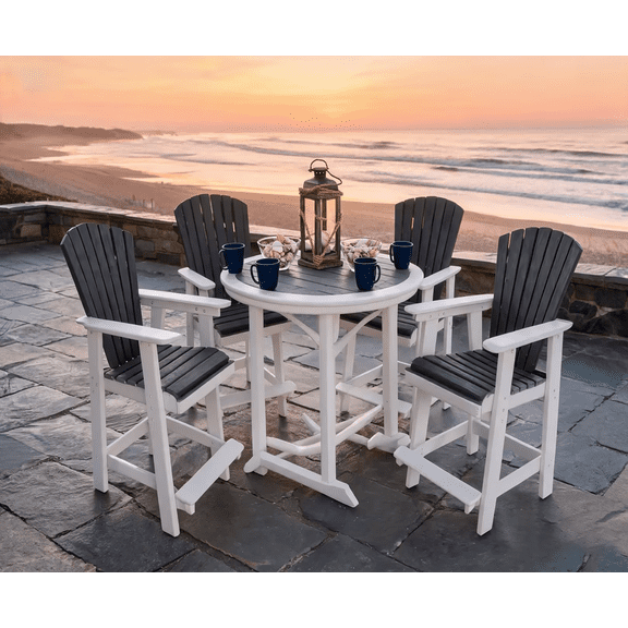 Lyuhome HDPE Patio Bar Table Set, High Top Outdoor Table and 4 Bar Chairs for Garden Backyard Poolside Balcony, Grey, White