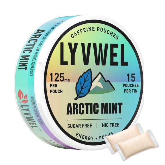 LyvWel 125mg Caffeine Energy Pouches | 1 Can | Arctic Mint | 15 Pouches Per Can | Plant-Based | Sugar Free
