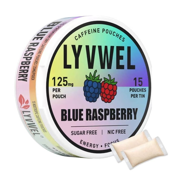 LyvWel 125mg Caffeine Energy Pouches | 1 Can | Blue Raspberry | 15 Pouches Per Can | Plant-Based | Sugar Free
