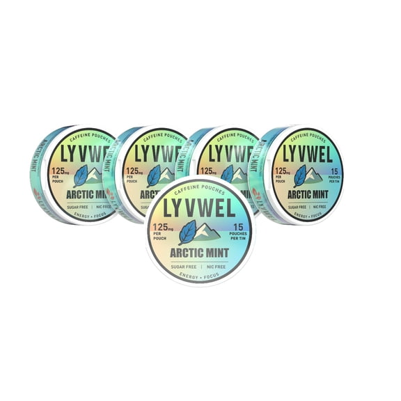 LyvWel 125mg Caffeine Energy Pouches | 5 Cans | Arctic Mint | 15 Pouches Per Can | Plant-Based | Sugar Free