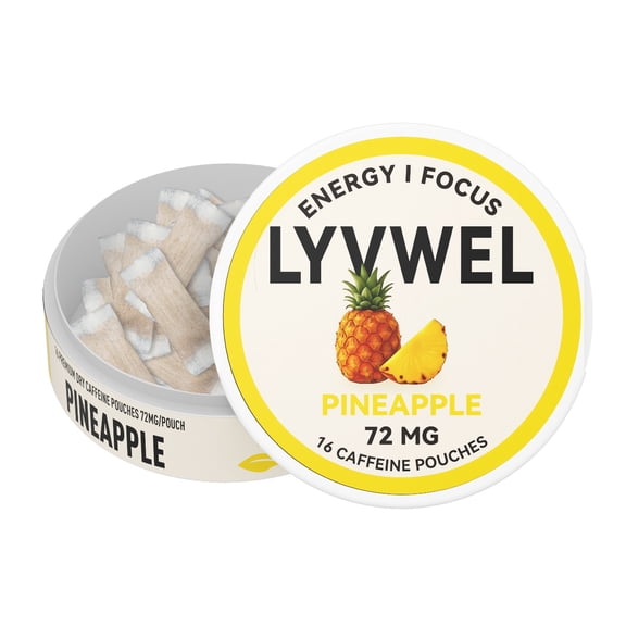 LyvWel 72mg Caffeine Energy Pouches | 1 Can | Pineapple | 16 Pouches Per Can | Plant-Based | Sugar Free
