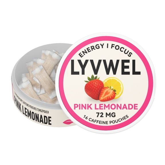 LyvWel 72mg Caffeine Energy Pouches | 1 Can | Pink Lemonade | 16 Pouches Per Can | Plant-Based | Sugar Free