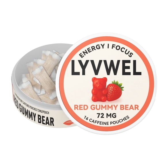 LyvWel 72mg Caffeine Energy Pouches | 1 Can | Red Gummy Bear | 16 Pouches Per Can | Plant-Based | Sugar Free