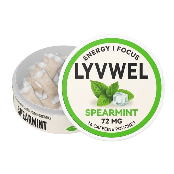 LyvWel 72mg Caffeine Energy Pouches | 1 Can | Spearmint | 16 Pouches Per Can | Plant-Based | Sugar Free