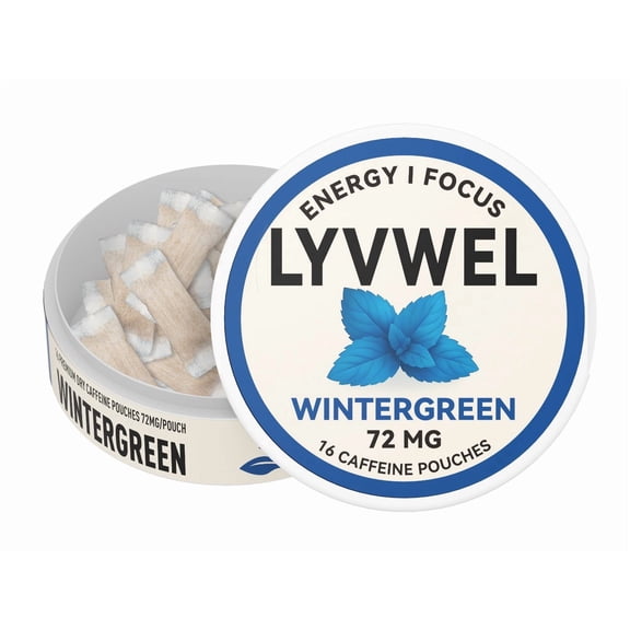 LyvWel 72mg Caffeine Energy Pouches | 1 Can | Wintergreen | 16 Pouches Per Can | Plant-Based | Sugar Free