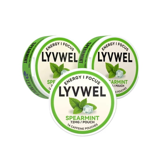 LyvWel 72mg Caffeine Energy Pouches | 3 Cans | Spearmint | 16 Pouches Per Can | Plant-Based | Sugar Free