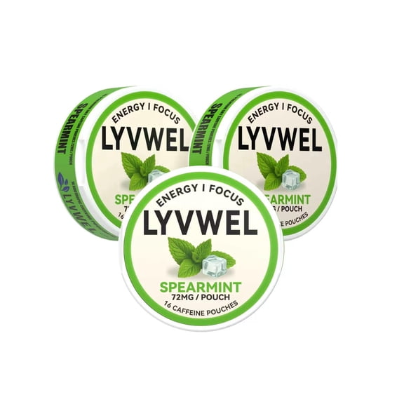 LyvWel 72mg Caffeine Energy Pouches | 3 Cans | Spearmint | 16 Pouches Per Can | Plant-Based | Sugar Free