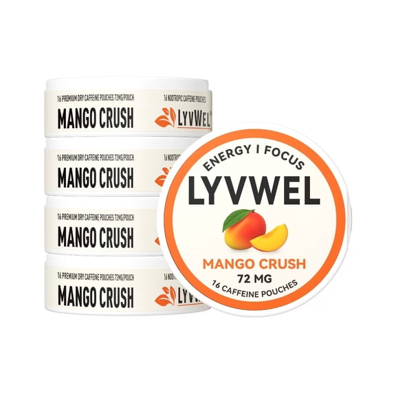LyvWel 72mg Caffeine Energy Pouches | 5 Cans | Mango Crush| 16 Pouches Per Can | Plant-Based | Sugar Free