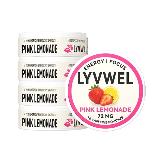 LyvWel 72mg Caffeine Energy Pouches | 5 Cans | Pink Lemonade| 16 Pouches Per Can | Plant-Based | Sugar Free