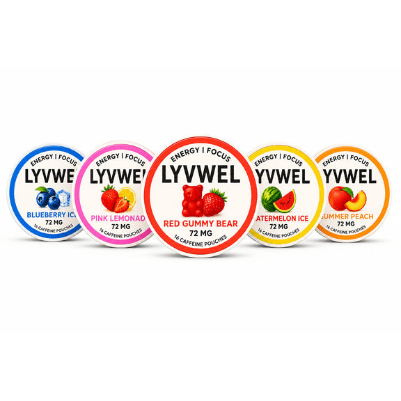 LyvWel Caffeine Energy Pouches 5 Can Variety Pack - 72mg Plant-Based Caffeine Per Pouch, 16 Pouches Per Can Assorted Flavors