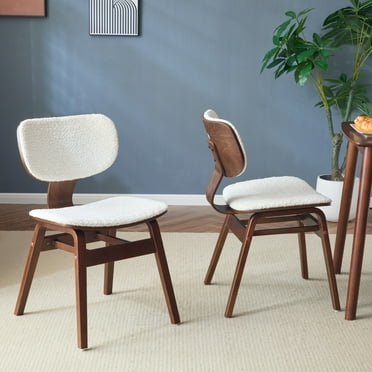 Lyveth Modern Upholstered Boucle Side Chair, White + Walnut, Set of 2